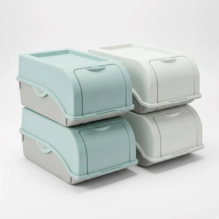HAC24 4er Set Gemüsebox 3,5L mit Deckel, lichtgeschützte Aufbewahrungsbox für Kartoffeln, Zwiebeln und Knoblauch, in Weiß/Grau und Türkis/Grau