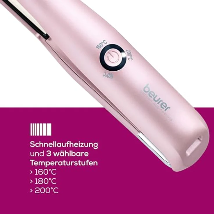 Beurer HS 20 Akku-Haarglätter, kabellos, mit USB-Aufladung, drei Temperaturstufen und Schnellheizung , ideal für unterwegs, rosa Keramik-Glätteisen für seidig glattes Haar – Bild 3