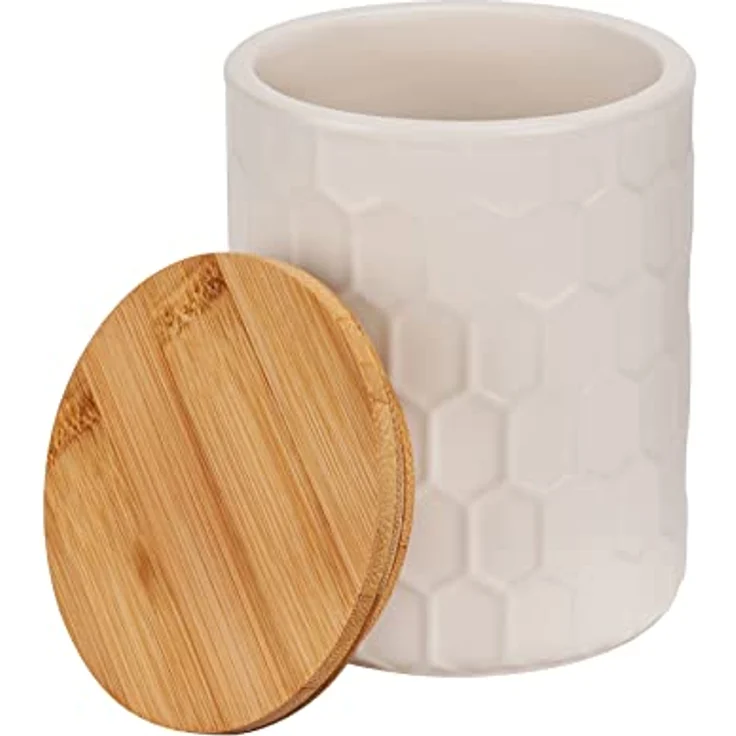 WENKO Aufbewahrungsdose Maya aus hochwertiger weißer Keramik mit Wabenstruktur, spülmaschinengeeignete Dose mit luftdicht verschließbarem Deckel aus Bambus, FSC® zertifiziert, 400 ml, Ø 9,5 x 12 cm – Bild 1