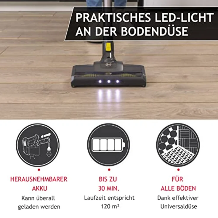 Hoover HF1 HOME Akku-Staubsauger ohne Beutel für bis zu 120 m² mit 1 Akkuladung – kabelloser Staubsauger mit LED-Licht, XL Staubbehälter & Parkfunktion – Handstaubsauger mit Fugendüse & Staubbürste – Bild 4
