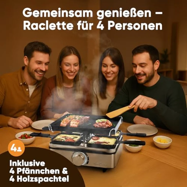 ProfiCook® Raclette PC RG 1301, Raclette-Grill für 4 Personen mit 4 Pfännchen, Wendegussplatte, stufenlos regelbarem Thermostat und 800 Watt Leistung – Bild 3