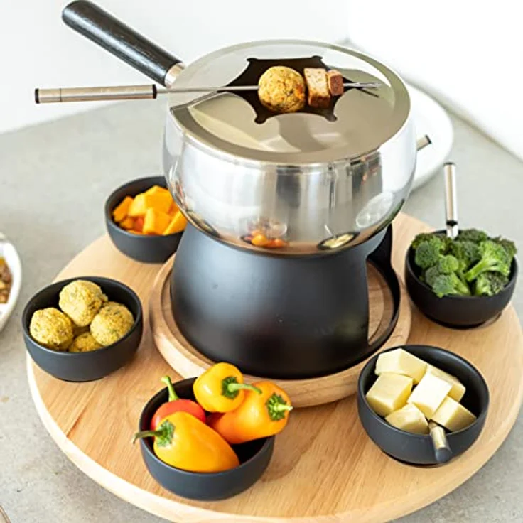 Mäser 931229 Fondue-Set 23-teilig, Edelstahl Fonduetopf inklusive Spritzschutz, Rechaud, Drehkarussell aus Holz, Fonduegabeln, Schälchen, Grau-Schwarz – Bild 4