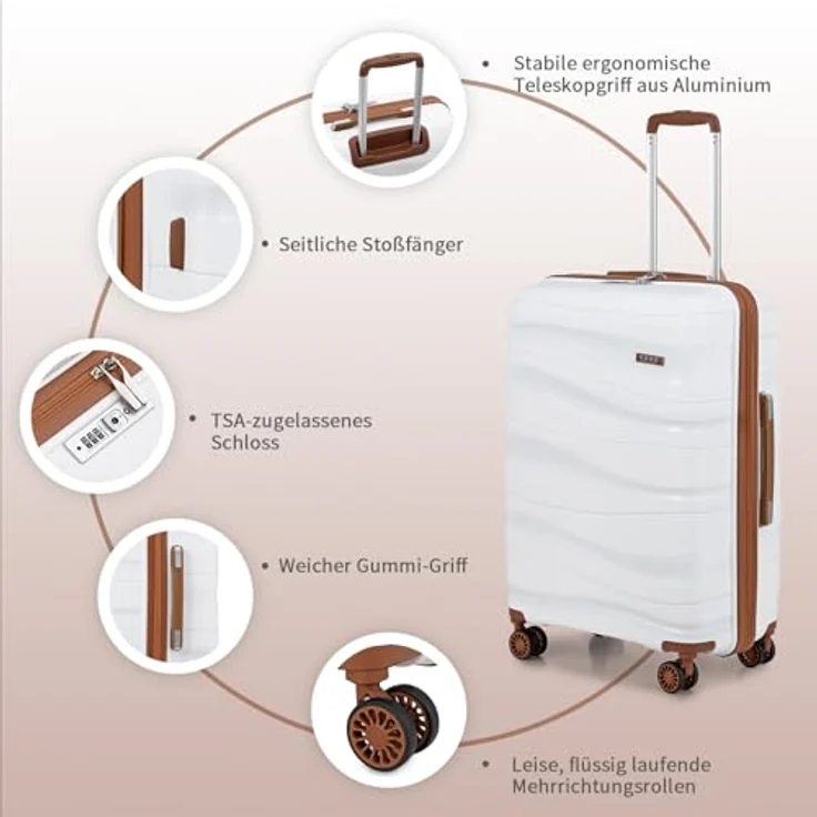 KONO Mittelgroß Koffer 65cm, Leichter Hartschalen-Reisekoffer aus Polypropylen mit 4 Rollen und TSA Schloss, 70L, Weiß – Bild 3