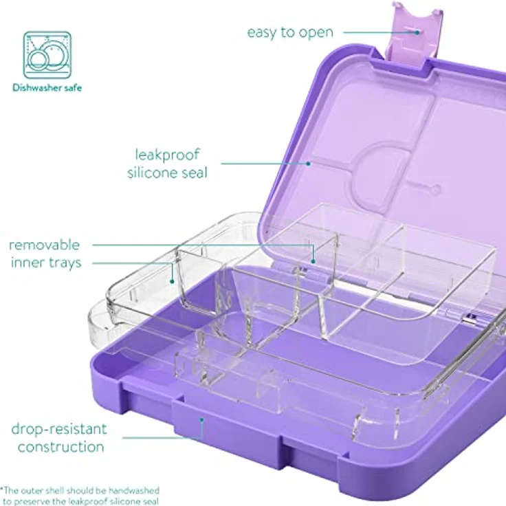Navaris Lunchbox, Kunststoff, (1-tlg), Bento Box Brotdose Vesperbox - auslaufsicher mit variablen Fächern - herausnehmbare Innenschale - für Jungs und Mädchen, lila – Bild 5