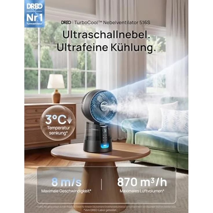DREO TurboCool Nebelventilator 516S, Tischventilator mit 150°+30° Oszillation, ultrafeiner Nebel, 6 Geschwindigkeiten, 20 dB leise, App- & Fernbedienung, RGB, grau – Bild 1