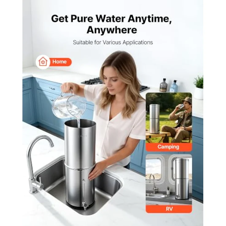 VEVOR Schwerkraft-Wasserfilter 12,3 L Edelstahl 304, Wasserfiltersystem mit 2 Aktivkohlefiltern, reduziert Blei und 99 % Chlor, Wasserstandsanzeige für Zuhause und Camping – Bild 8