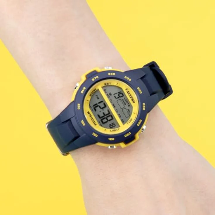 CALYPSO WATCHES Chronograph Junior Collection K5850/5, digitale Kinder- und Damenuhr, Quarz, bis 10 bar wasserdicht, dunkelblau-gelb – Bild 2