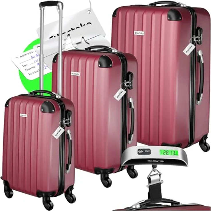 tectake® 3er Kofferset mit Kofferwaage & Kofferanhänger, ABS Hartschalenkoffer Set, Teleskopgriff - weinrot – Bild 1