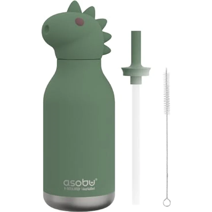 Asobu Bestie Dinosaurier-Wasserflasche, isolierte Edelstahl-Trinkflasche mit Silikon-Strohhalm, 460 ml, auslaufsicher, BPA-frei – Bild 5