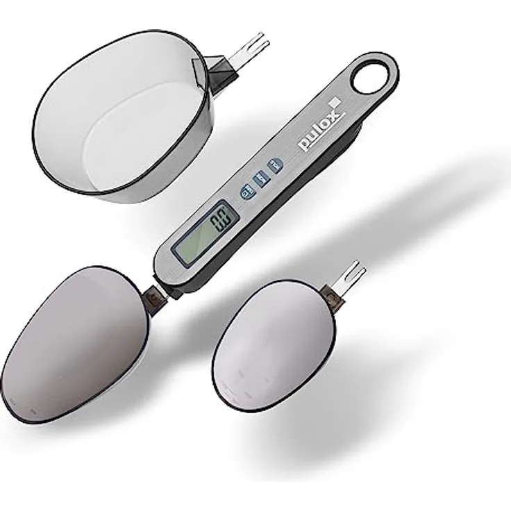 Pulox Löffelwaage PLW-200 mit drei Löffeln 25 ml, 45 ml und 180 ml von 0,1 g genau bis 500 g Tragkraft Digitale Küchenwaage, Feinwaage