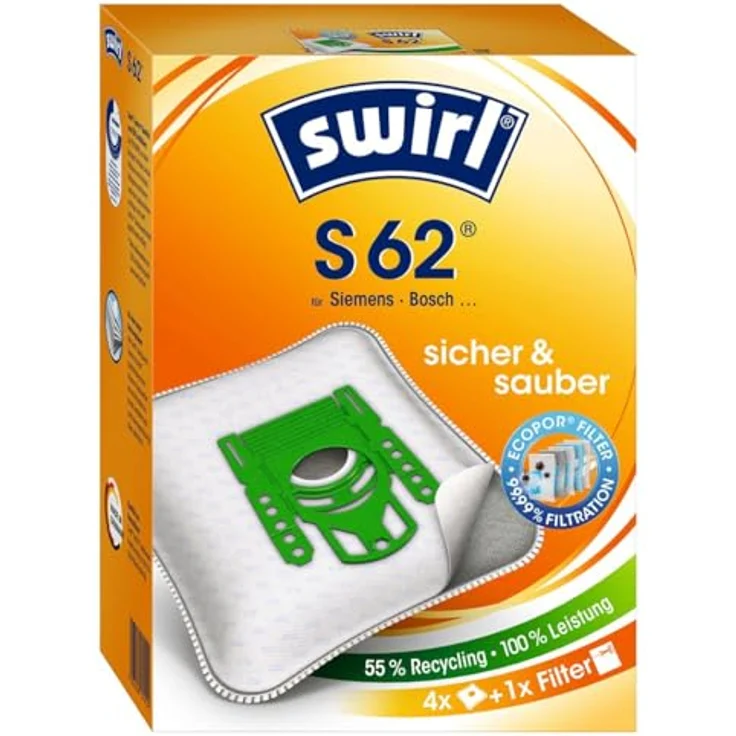Swirl S62 AirSpace Staubsaugerbeutel, 4 Stück, Micropor Plus® Anti Allergen Filter, AirSpace® Technology, Dirtlock Staubverschluss – Bild 1