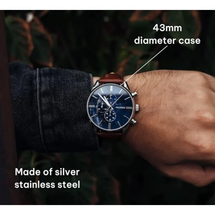 HOLZKERN Herrenuhr Chronograph Naturalist, Marmor/Silberfarben mit japanischem Quarzwerk, Datumsanzeige und Lederarmband – Bild 4