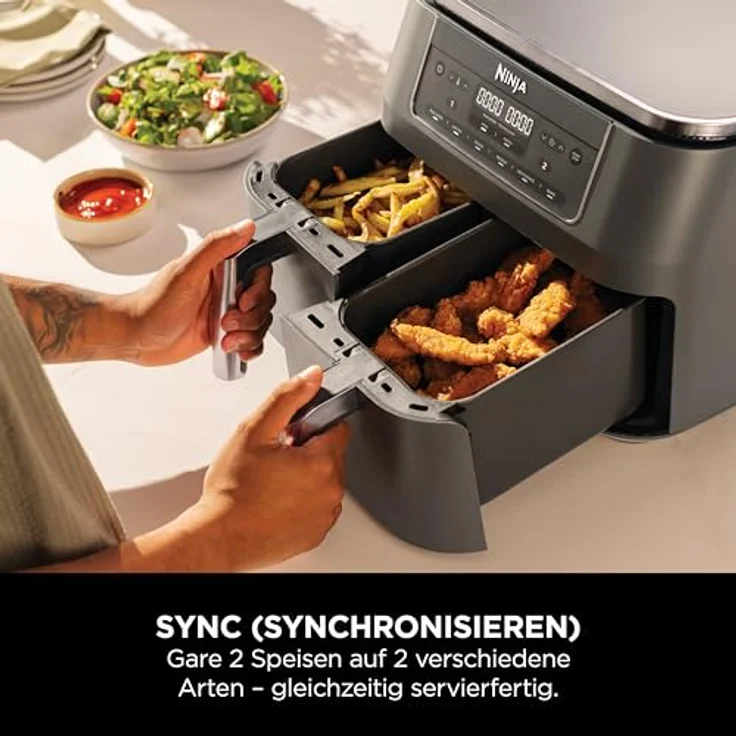 Ninja Dual Zone Digital Air Fryer DZ300EU, 7,6L Heißluftfritteuse mit 2 Schubladen, 6-in-1, ohne Öl, Metallic Grau – Bild 3