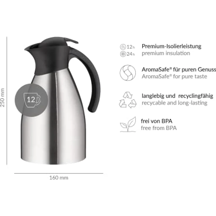 alfi 0787.205.150 Isolierkanne Bono, Edelstahl mattiert 1,5 l, doppelwandiger Edelstahl, 12 Stunden heiß, 24 Stunden kalt – Bild 6