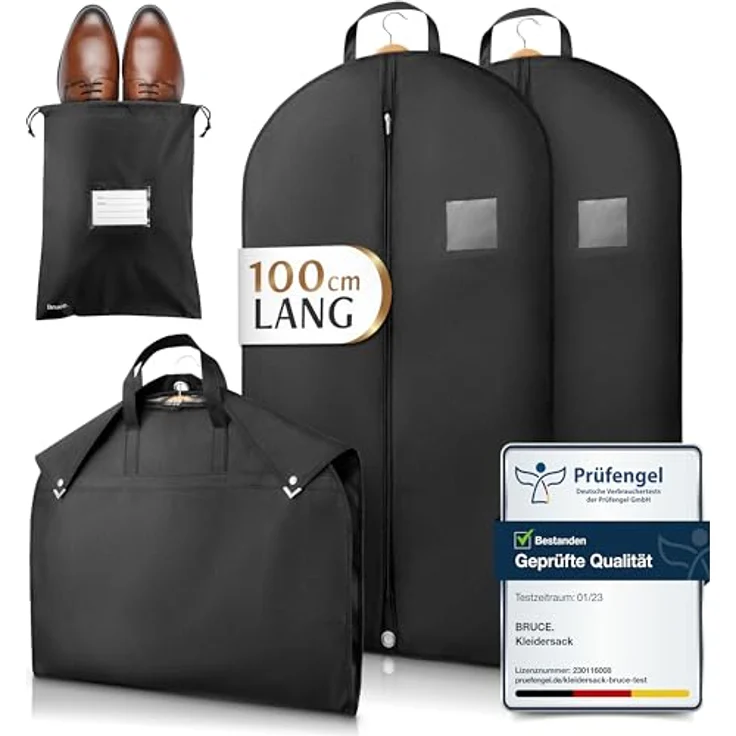 Bruce.® 2x Kleidersack Kurz 100x60 cm, atmungsaktive Anzugtasche mit Schuhbeutel – Schwarz, optimaler Schutz vor Staub und Motten – Bild 1