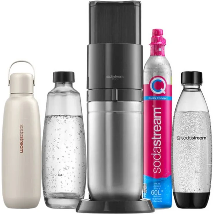 SodaStream DUO Titan Wassersprudler, Trinkwassersprudler mit 1x Quick Connect CO2-Zylinder und 3 Flaschen (1 L, 1 L, 0,9 L), kabellose Bedienung