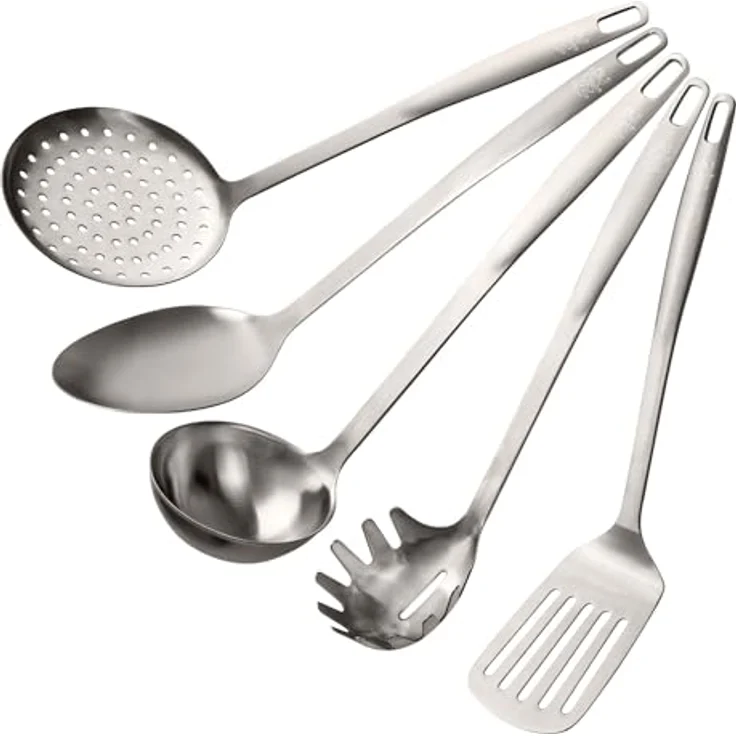 Stanley Rogers Küchenhelfer Set, 5-teiliges Premium Kochbesteck aus rostfreiem Edelstahl in Silber mit ergonomischen Griffen und platzsparender Aufbewahrung – Bild 1