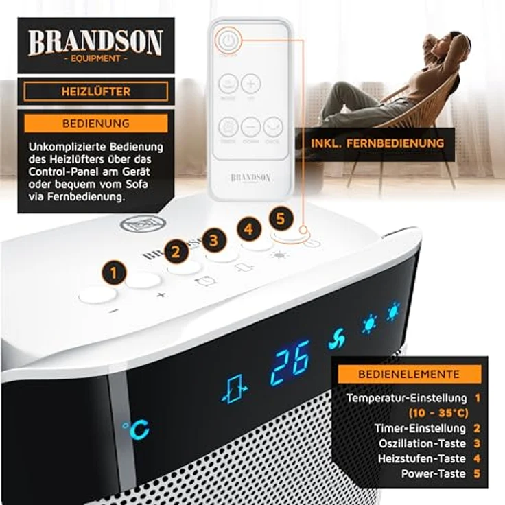 Brandson Keramik-Heizlüfter 2000 Watt, energiesparend mit Fernbedienung und Oszillationsfunktion, weiß/schwarz, GS zertifiziert – Bild 4