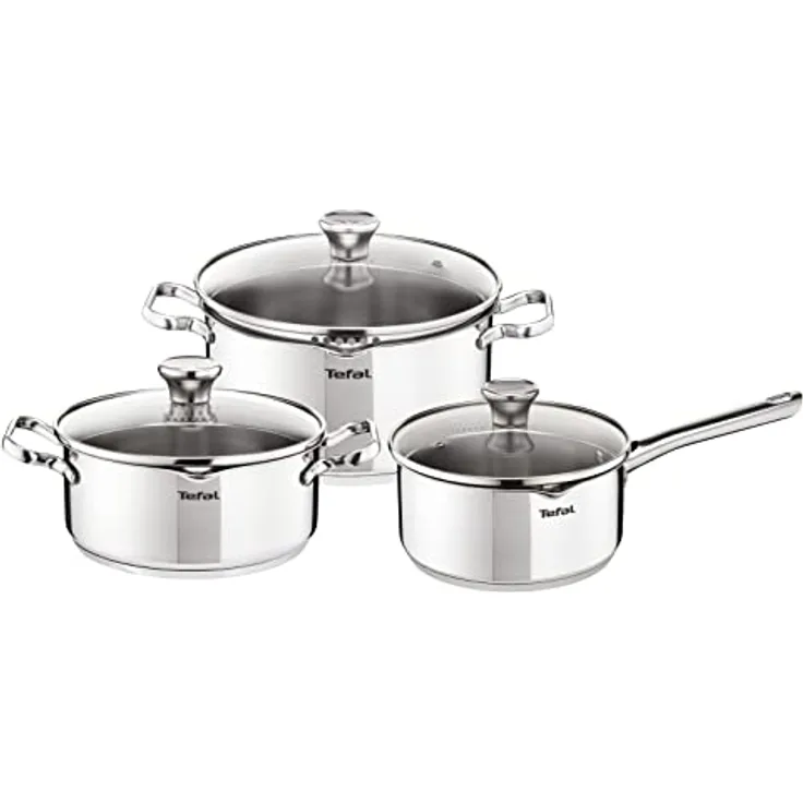 Tefal Duetto 6-teiliges Set,Kasserolle,16 cm,Kochtopf,20/24,Deckel aus cleveren Filtergläsern,10 Jahre,Edelstahl 18/10,3-lagig,Induktion A705S634, Se référer à la contenance sur la fiche produit