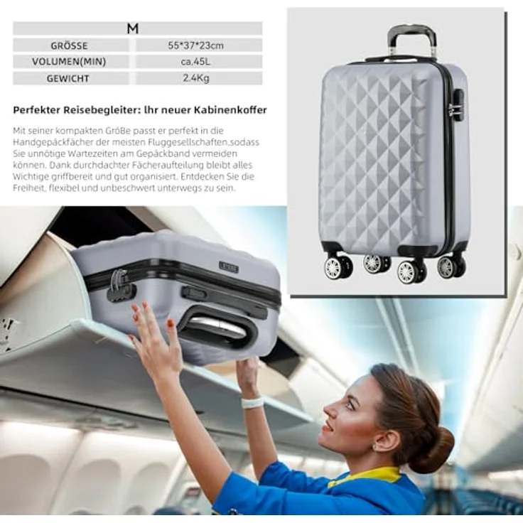 BEIBYE Kofferset, Hartschale Trolley mit 4 Zwillingsrollen, integriertes Sicherheits-Zahlenschloss, erweiterbar für 25% mehr Volumen, Handgepäck (M, Silber) – Bild 3