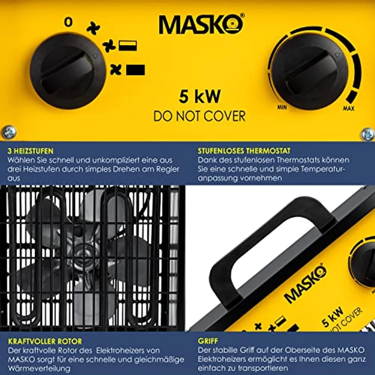 Masko® Elektroheizer Heizlüfter Bauheizer 5 KW mit integriertem Thermostat elektrisch Heizgerät 5000 Watt 3 Heizstufen Heizgebläse für Innen- und Außeneinsatz Überlastschutz Elektroheizgebläse Gelb – Bild 5