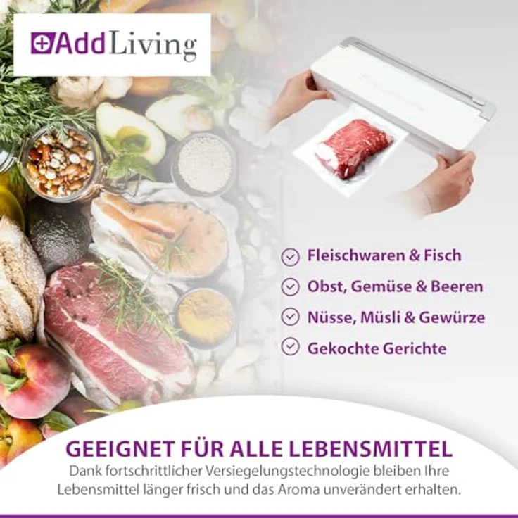 AddLiving Vakuumierer | Vakuumiergerät mit Touch Panel und Soft-Funktion für Obst und Gemüse | Inkl. 5 Vakuumbeutel (20 x 30 cm) | Für zuverlässiges Konservieren von Lebensmitteln – Bild 3