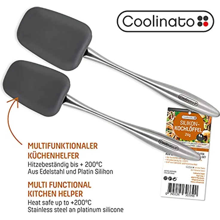 COOLINATO Silikon Edelstahl Kochlöffel 2er Set 25,5cm 29cm, Kochlöffel zum Kochen und Backen, lebensmittelecht – Bild 5
