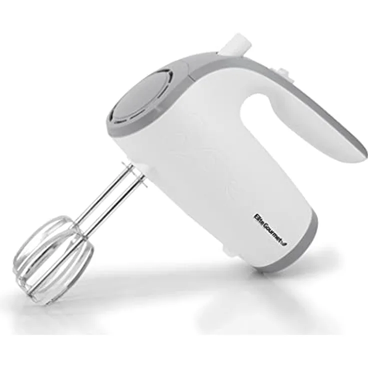 Elite Gourmet EHM-003X Maxi-Matic Ultra Power elektrischer 5-Gang-Küchenhandmixer mit 2 extra breiten, glatten, cremig geschlagenen Mischungen aus Edelstahl und praktischer Rühraufbewahrung, weiß