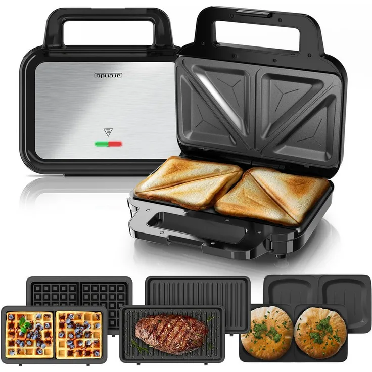 Arendo 3-in-1 Sandwichmaker 900 W, 4in1 mit Temperaturkontrolle, Antihaftbeschichtung und Kabelaufwicklung