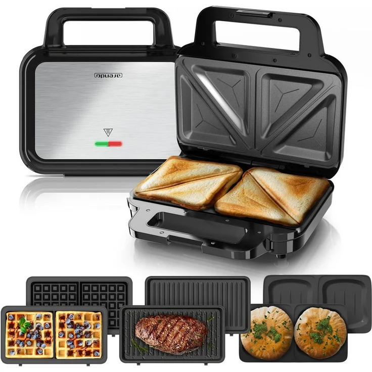 Arendo 3-in-1 Sandwichmaker 900 W, 4in1 mit Temperaturkontrolle, Antihaftbeschichtung und Kabelaufwicklung