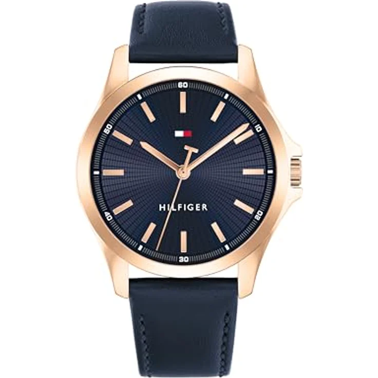 Tommy Hilfiger 1792189, Herren-Armbanduhr mit 43 mm Edelstahlgehäuse in Roségold, marineblauem Lederarmband und 3-Zeiger-Quarzwerk – Bild 1
