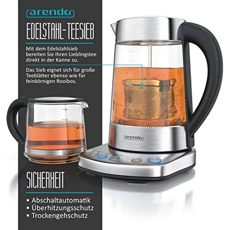 Arendo Glas Wasserkocher mit Temperatureinstellung und Teesieb sowie Aufsatz - Türkischer Teekocher - Edelstahl - Temperaturen 70, 80, 100 Grad - 1,7 Liter - 2400 Watt - Abschaltautomatik – Bild 3