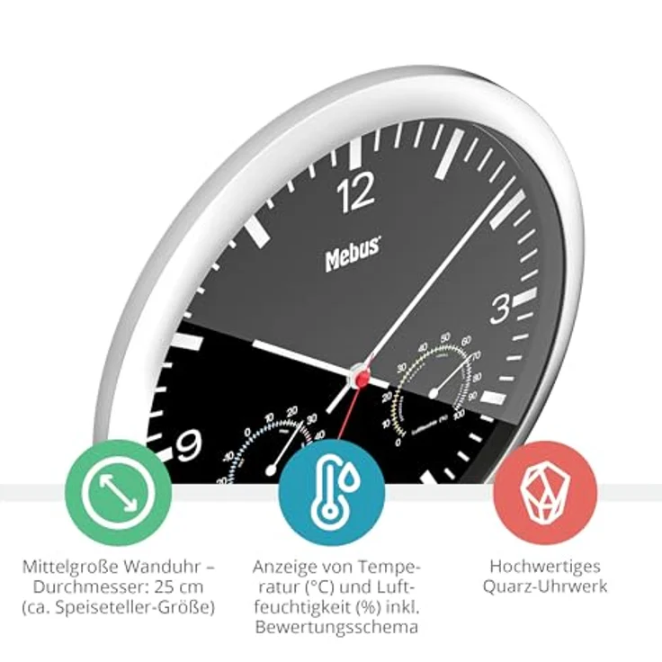 Mebus Quarz-Wanduhr mit Thermometer und Hygrometer/silberner Rahmen/schwarzes Zifferblatt/25cm Durchmesser/Rund/Modell 56731/Silber, Schwarz – Bild 2