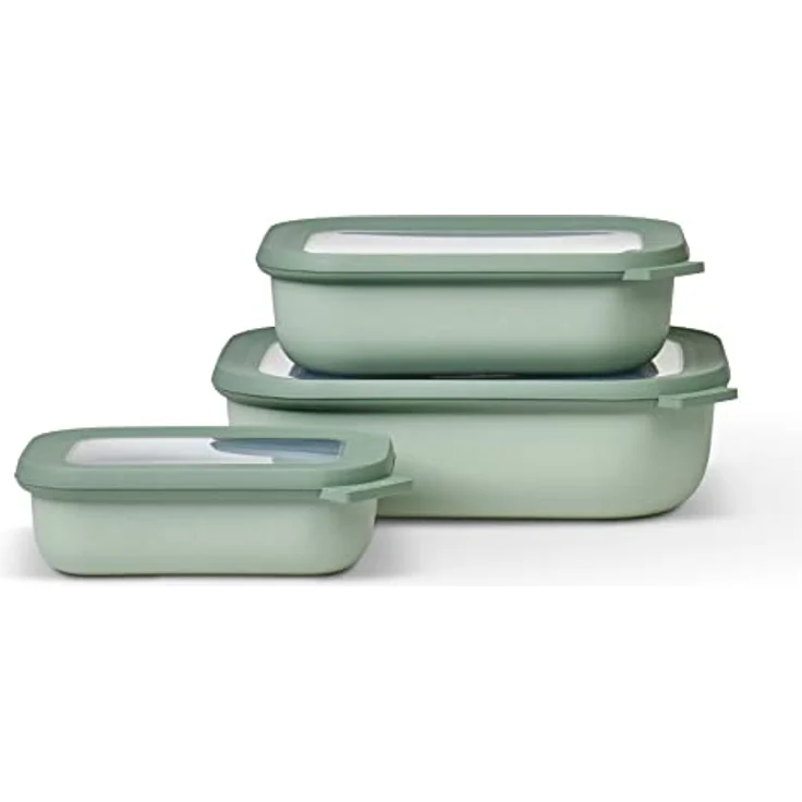 Mepal - Cirqula Multischüssel Set 3–teilig rechteckig Nordic sage – 500, 1000, 2000 ml – Verwendbar als Vorratdose, Kühlschrankdose, Gefrierdose, Mikrowellegeschirr & Servierschale mit Deckel – Bild 1