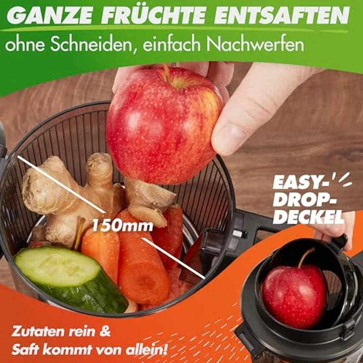 Nutrilovers NUTRI-PRESS MAX Slow Juicer, Entsafter für ganze Früchte mit XXL 150 mm Öffnung, BPA-frei, inkl. Saft-Flasche und Rezeptbuch – Bild 4