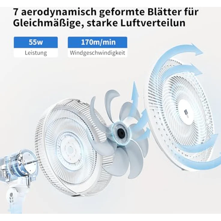 aeco AirX-Flow 100, 2-in-1 Stand- & Tischventilator mit 3 Geschwindigkeitsstufen, höhenverstellbar (70–116 cm), 85° Oszillation, 55W, 7-Blatt Lüfter für optimale Luftzirkulation – Bild 3