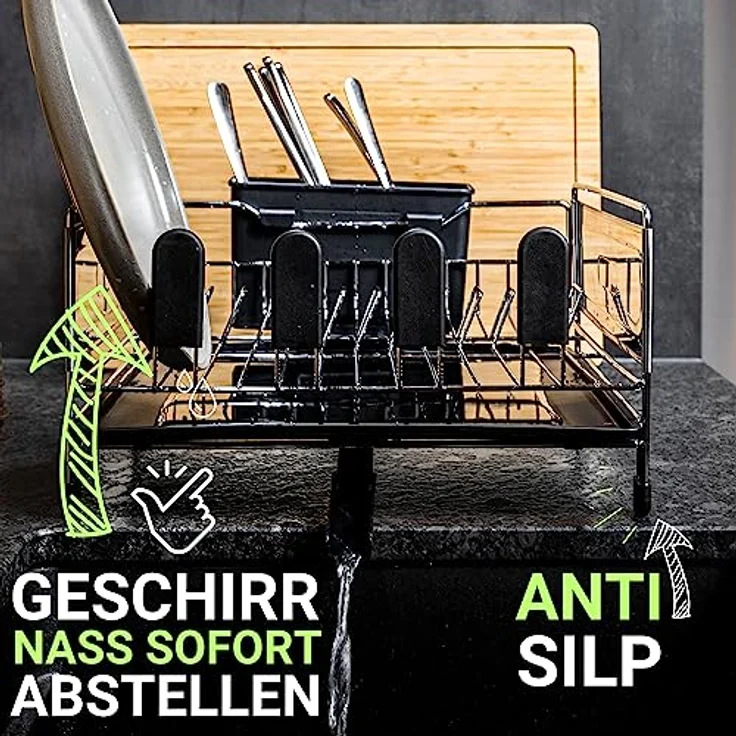 LINFELDT® Abtropfgestell Geschirr Edelstahl 43x33cm - TOP MIT ABFLUSS | Geschirrabtropfgestell Schwarz - Geschirrablage für Spüle | Dish Drying Rack Geschirrabtropfgestell Edelstahl – Bild 4