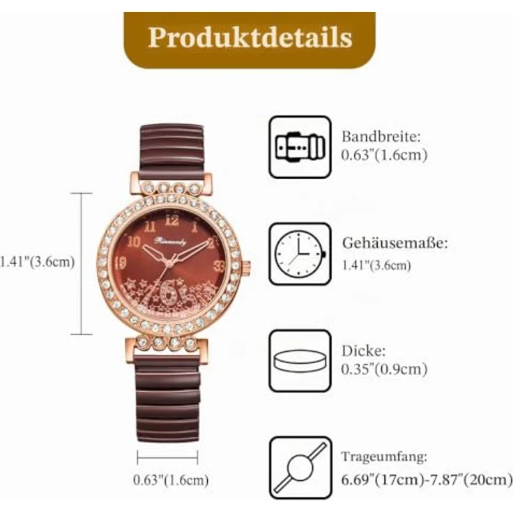 JewelryWe Damenuhr Elastisch auf Zirkonia mit Braunem Edelstahl Stretch-Armband, Analog Quarzwerk und Gut Ablesbarer Digitalskala – Bild 2