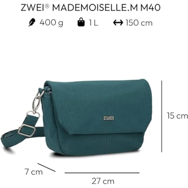 Zwei Mademoiselle.M Messenger 28 cm, praktische Handtasche aus pflegeleichtem Polyurethan mit Magnetverschluss und Reißverschlussfach, schwarz – Bild 2