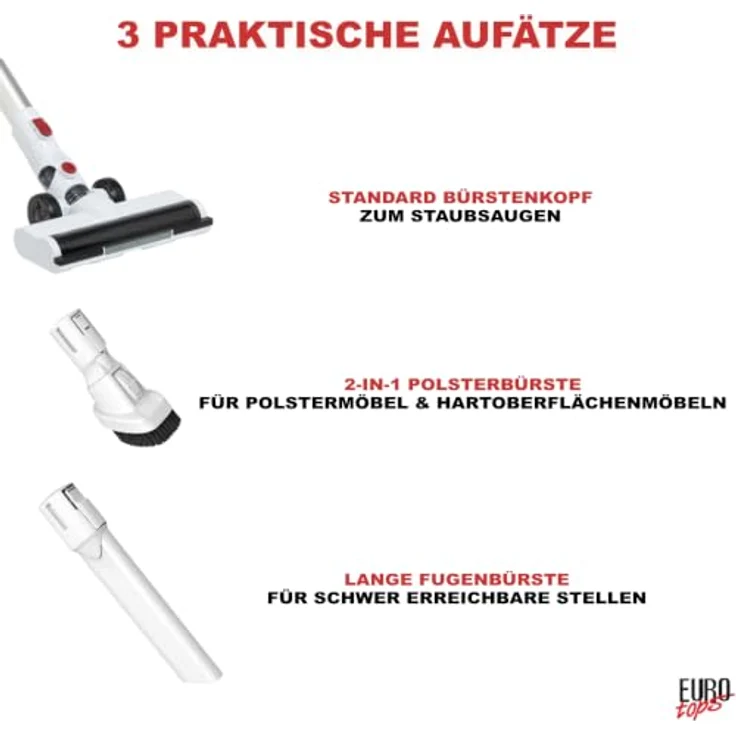 EUROtops Akku-Zyklon-Staubsauger, kabellos mit HEPA-Filter, LED-Bodenbürste, Handstaubsauger-Funktion, 22,2 V Akku, beutellos - Weiß – Bild 3