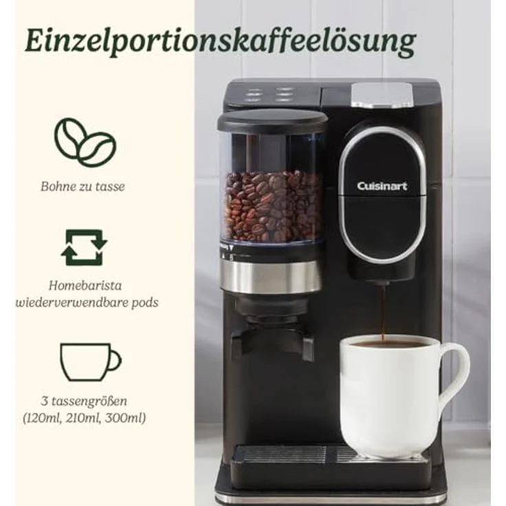 Cuisinart Kaffeemaschine für eine Tasse, gemahlen und gebrüht | Single serve Filterkaffee | Eingebautes Kegelmahlwerk aus Edelstahl | 3 Tassengrößen wählen | Wiederverwendbare Filterkapsel | Schwarz – Bild 2