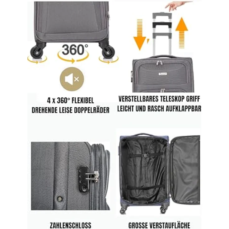 COFI 1453 Hochwertiges 3er Kofferset aus Stoff mit Erweiterbarer Kapazität und 360° Rädern Grau – Bild 3