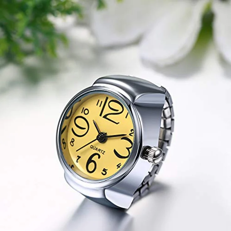 JewelryWe Ringuhr Fingeruhr Analog Quarz für Herren und Damen, elastisches Legierungsband, rund, gelb – Bild 4
