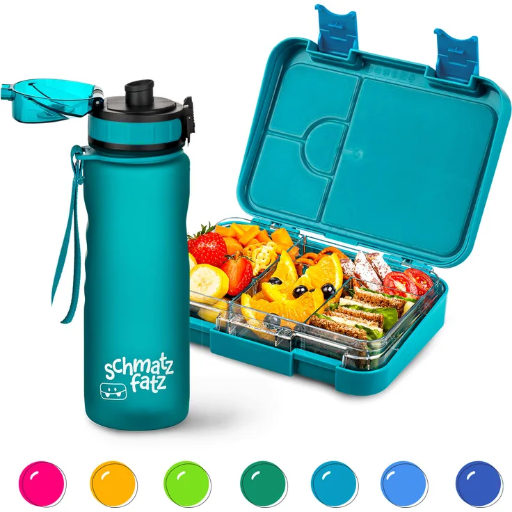 Klarstein schmatzfatz Frühstücksset, Lunchbox mit 4/6 Fächern & Trinkflasche aus Tritan, dicht und BPA-frei