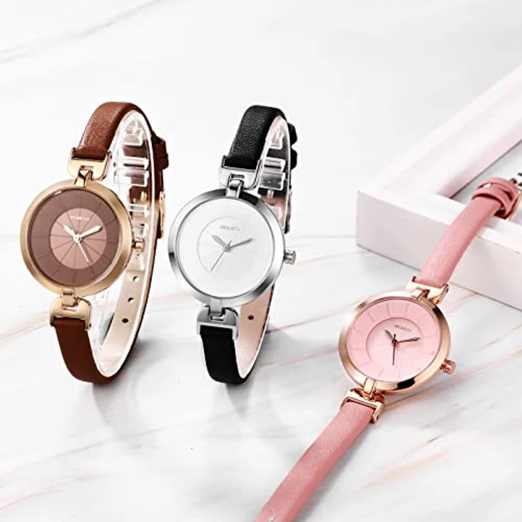 JewelryWe 3pcs Damenuhr Elegant Analog Quarz Armbanduhr, Schmal Echtleder Armband, 30m Wasserdicht, Dreidimensionales Zifferblatt, Geschenk für Frauen und Mädchen – Bild 2