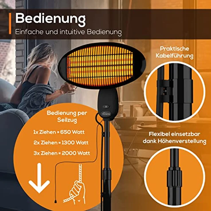 TroniTechnik Quartz-Heizstrahler mit 3 Stufen, verstellbarer Teleskopstange und Kopf, Heizstrahler – Bild 4