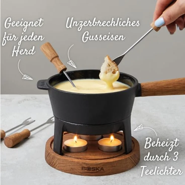 Boska Fondue-Set Pro S, Käsefondue, Fondue, Edelstahl, Gusseisen, Eichenholz, Anthrazit, 700 ml, 853547 – Bild 6