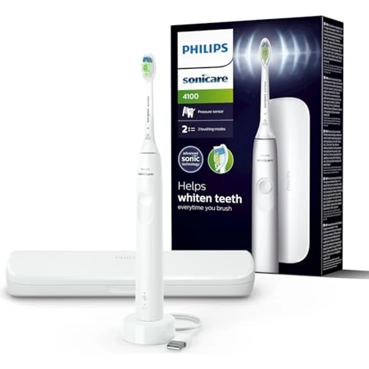 Philips Sonicare 4100 – elektrische Philips Sonicare Zahnbürste für Erwachsene mit 1 x Philips W2 Optimal White Bürstenkopf in Weiß, schlankem Reiseetui und USB-Ladegerät (Modell HX3683/33) – Bild 1