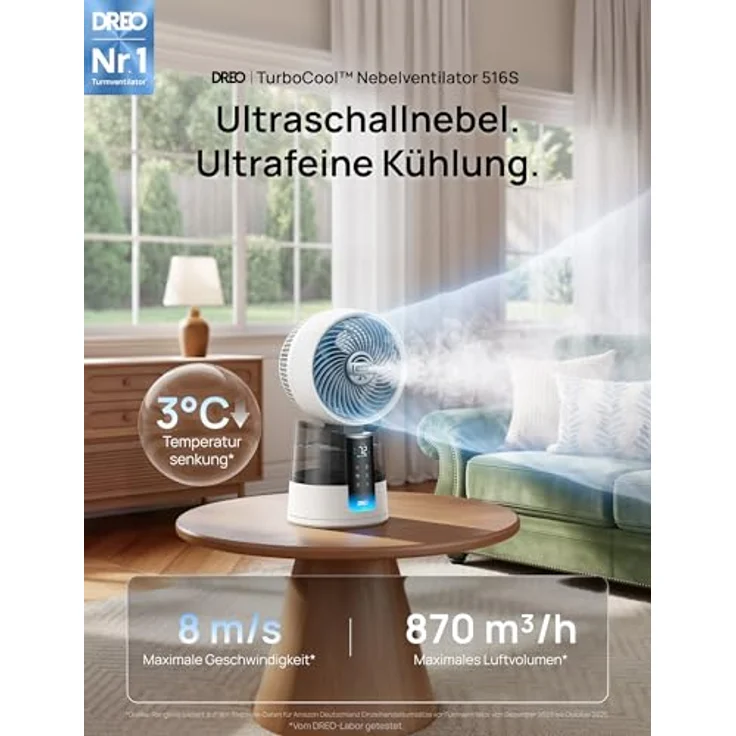 DREO TurboCool Nebelventilator 516S, Tischventilator mit 150° + 30° Oszillation, 7.9 m/s Leistung, 20 dB leise, App- & Fernbedienung, RGB, Weiß – Bild 1