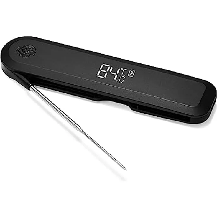 BURNHARD Einstich-Thermometer klappbar, Grillthermometer + Lederschutzhülle, Bratenthermometer, Ultraschnelle Messung, 1,5mm Messspitze, 180° Invisible-Off LED-Display, USB Akkubetrieben
